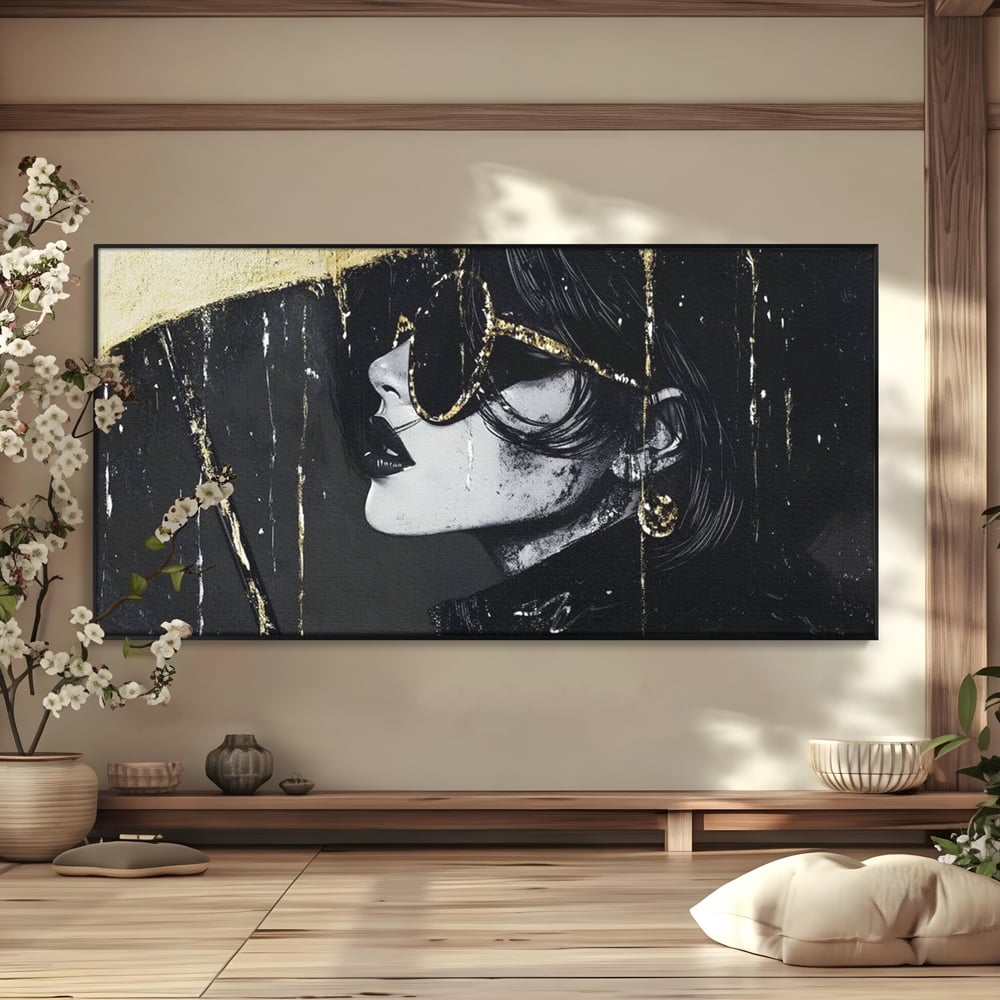 Tablou canvas cu tablou canvas cu femeie in ploaie stilizata, in rama de aluminiu negru
